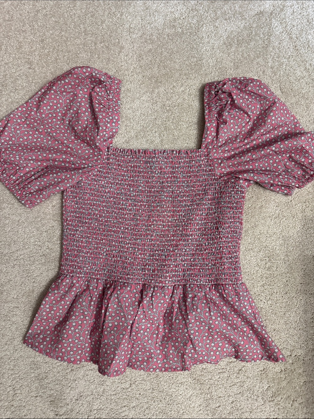 French Connection Pink Smocked Peplum Blouse with Puff Sleeves